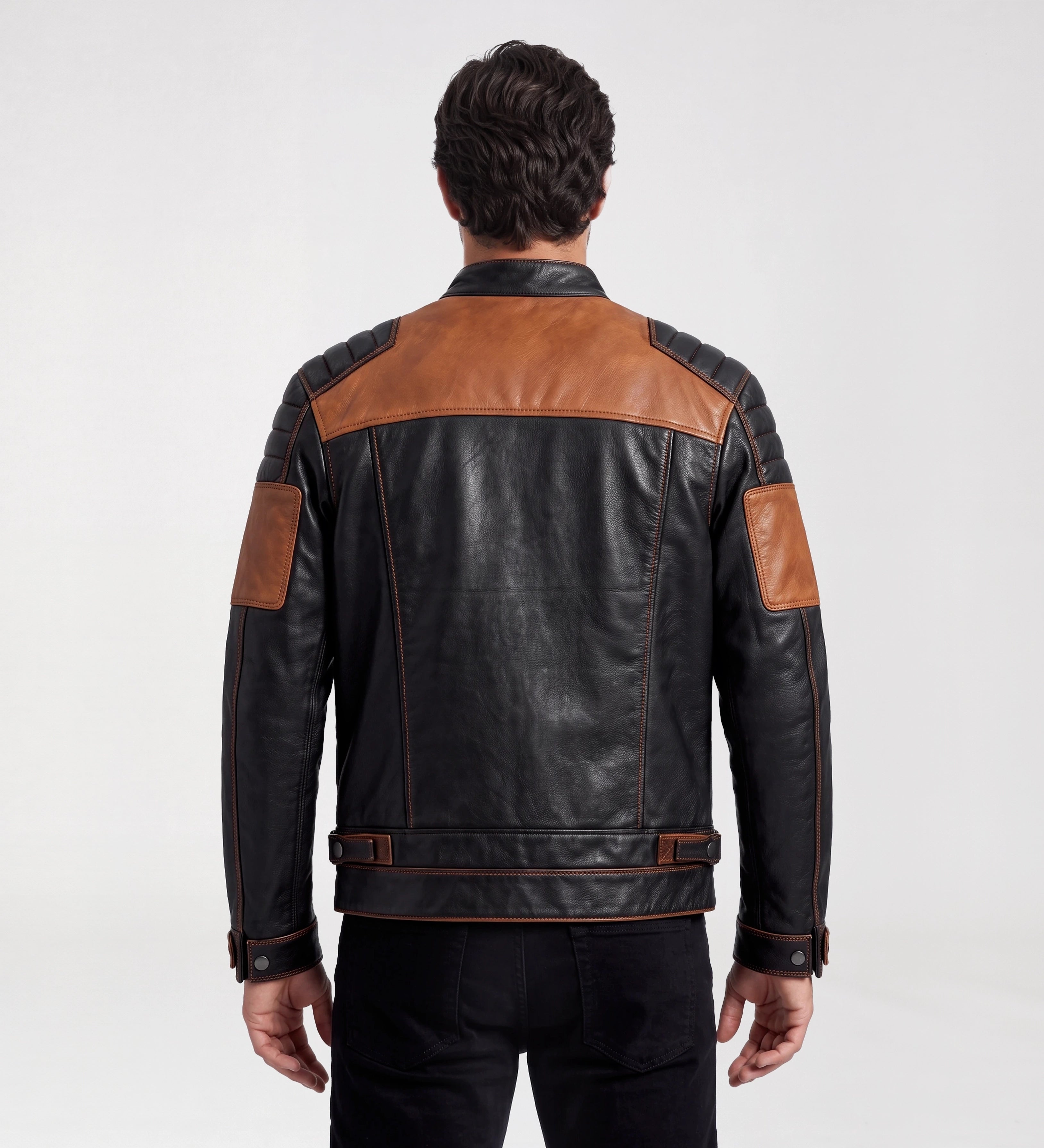 Men Black & Tan Brown Biker Leather Jacket