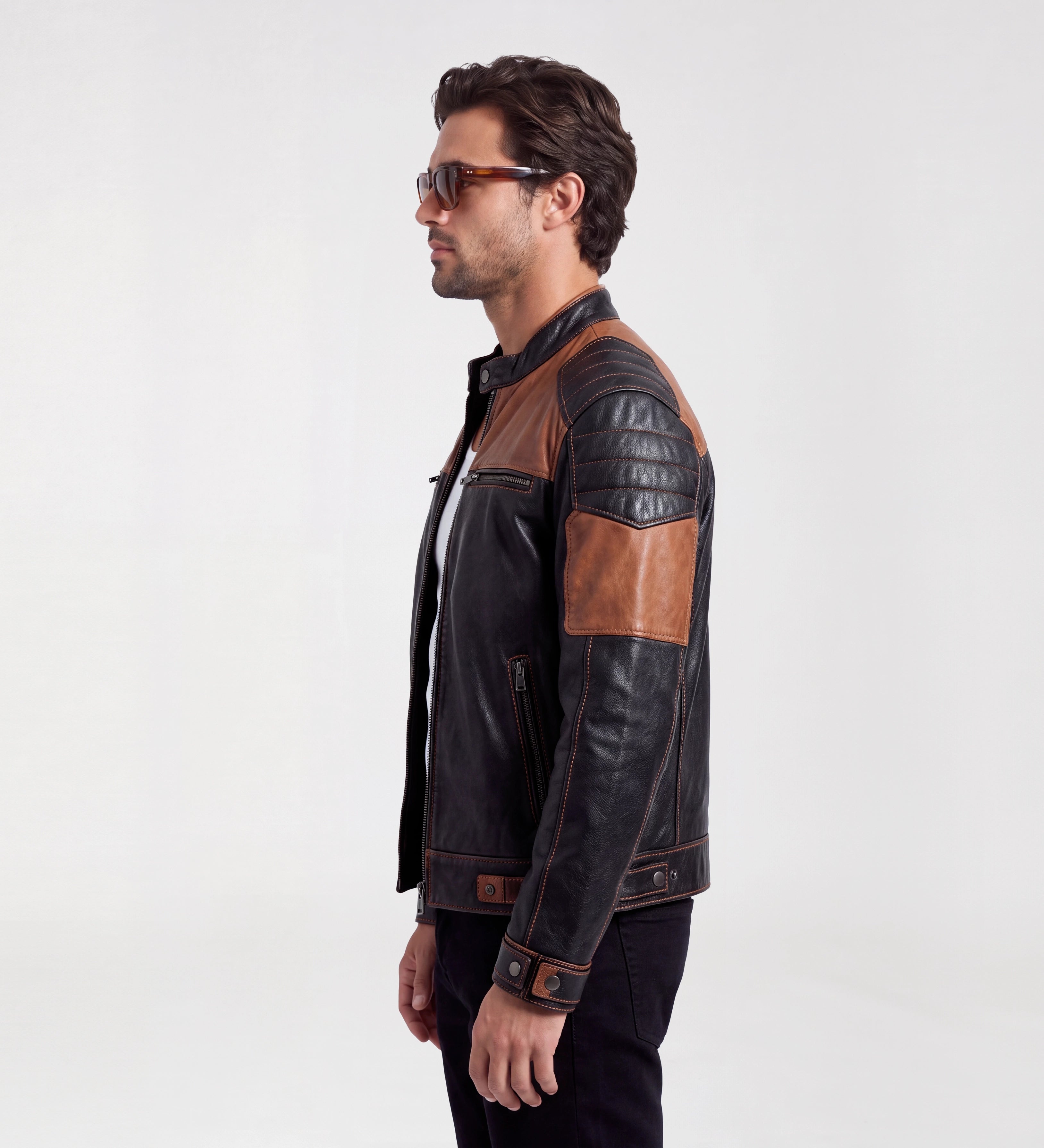 Men Black & Tan Brown Biker Leather Jacket