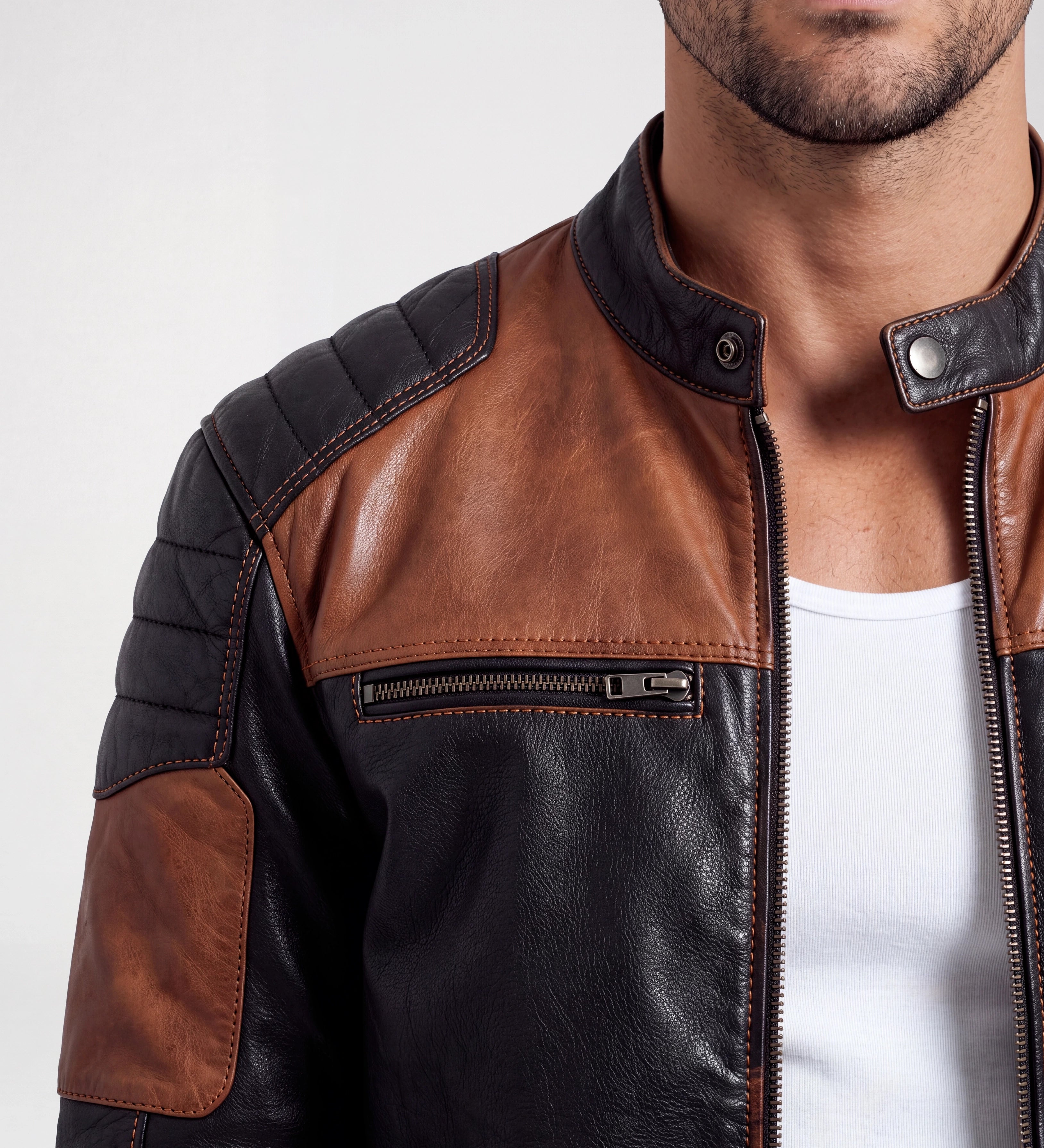Men Black & Tan Brown Biker Leather Jacket