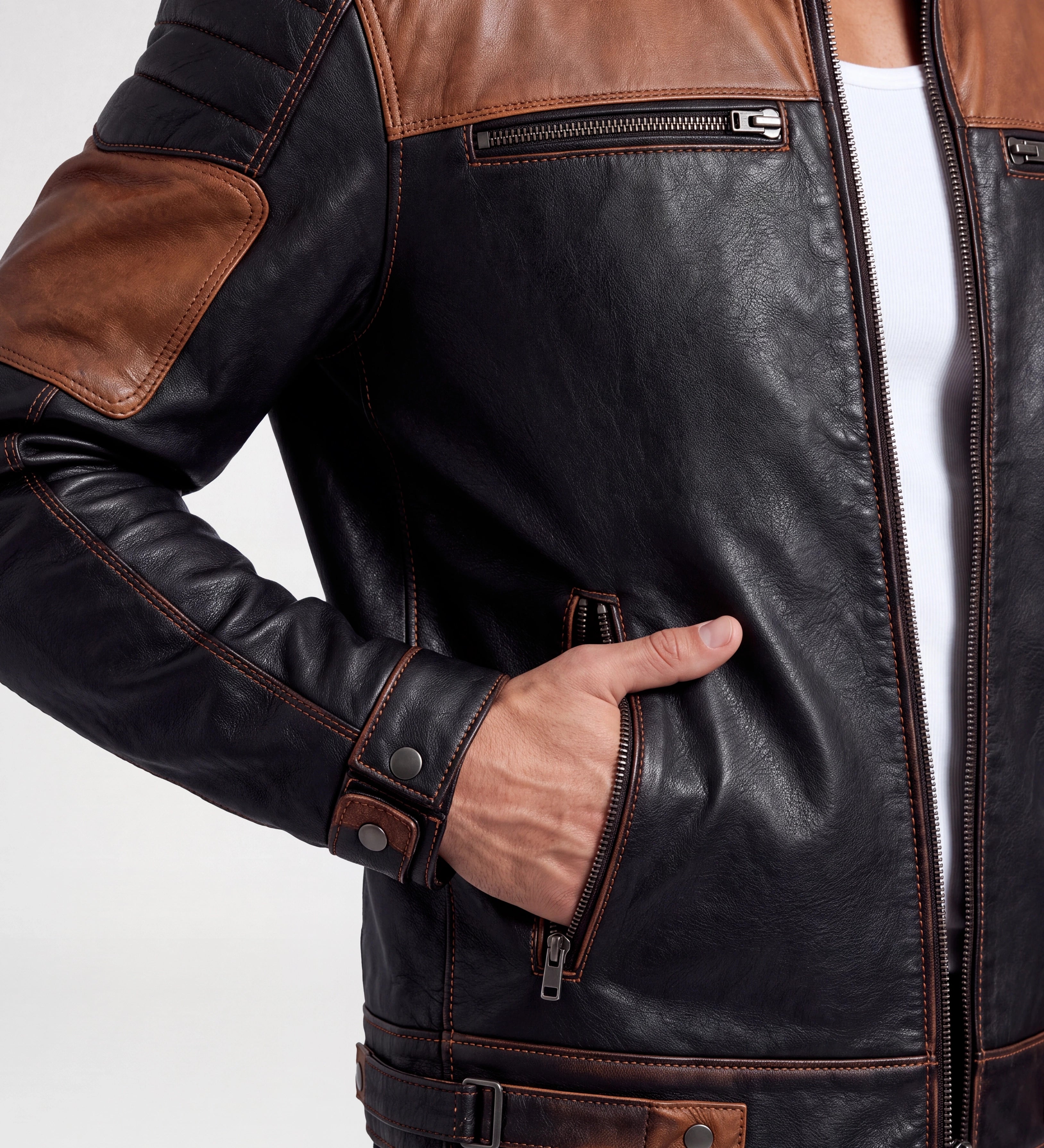 Men Black & Tan Brown Biker Leather Jacket