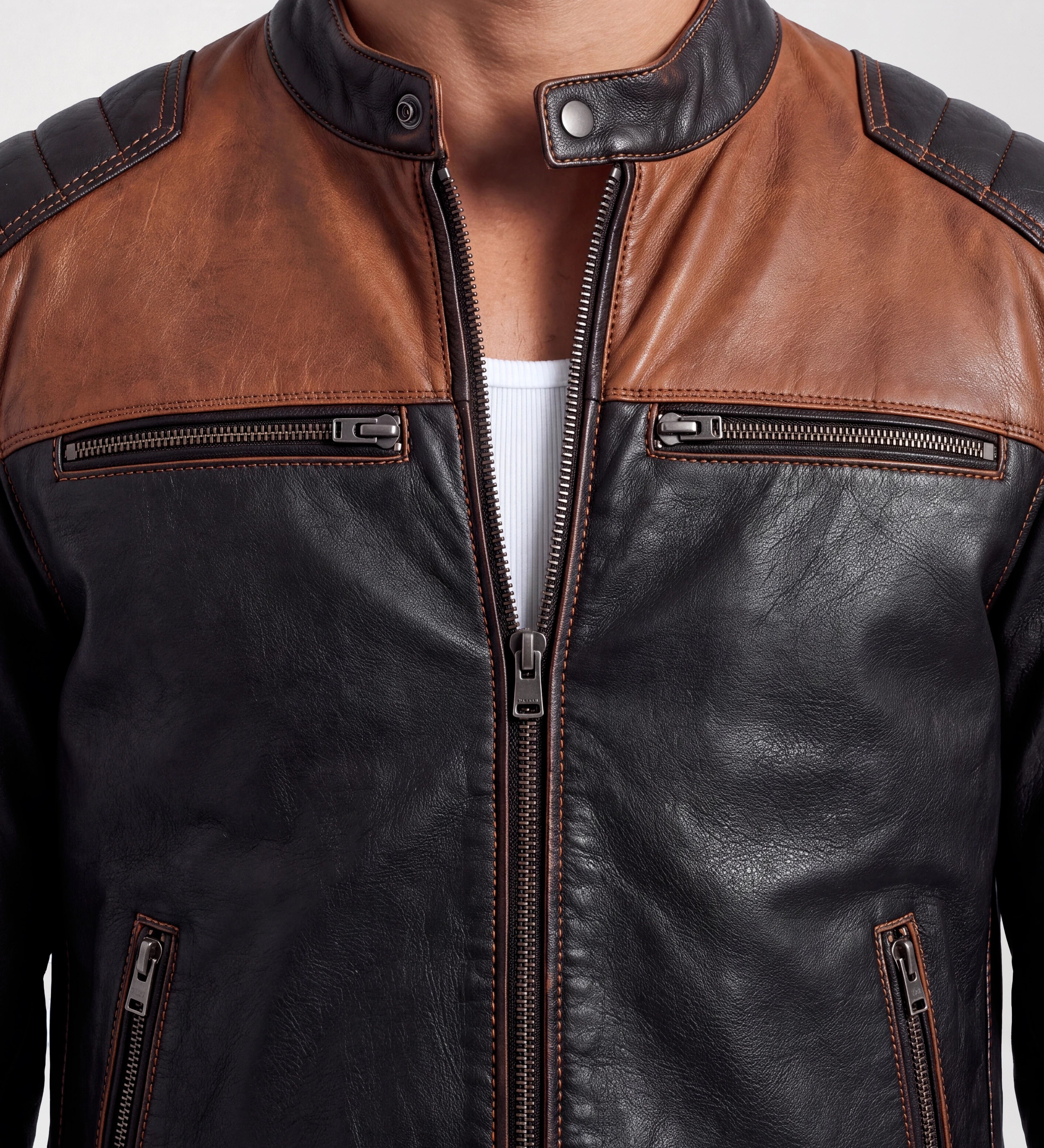 Men Black & Tan Brown Biker Leather Jacket