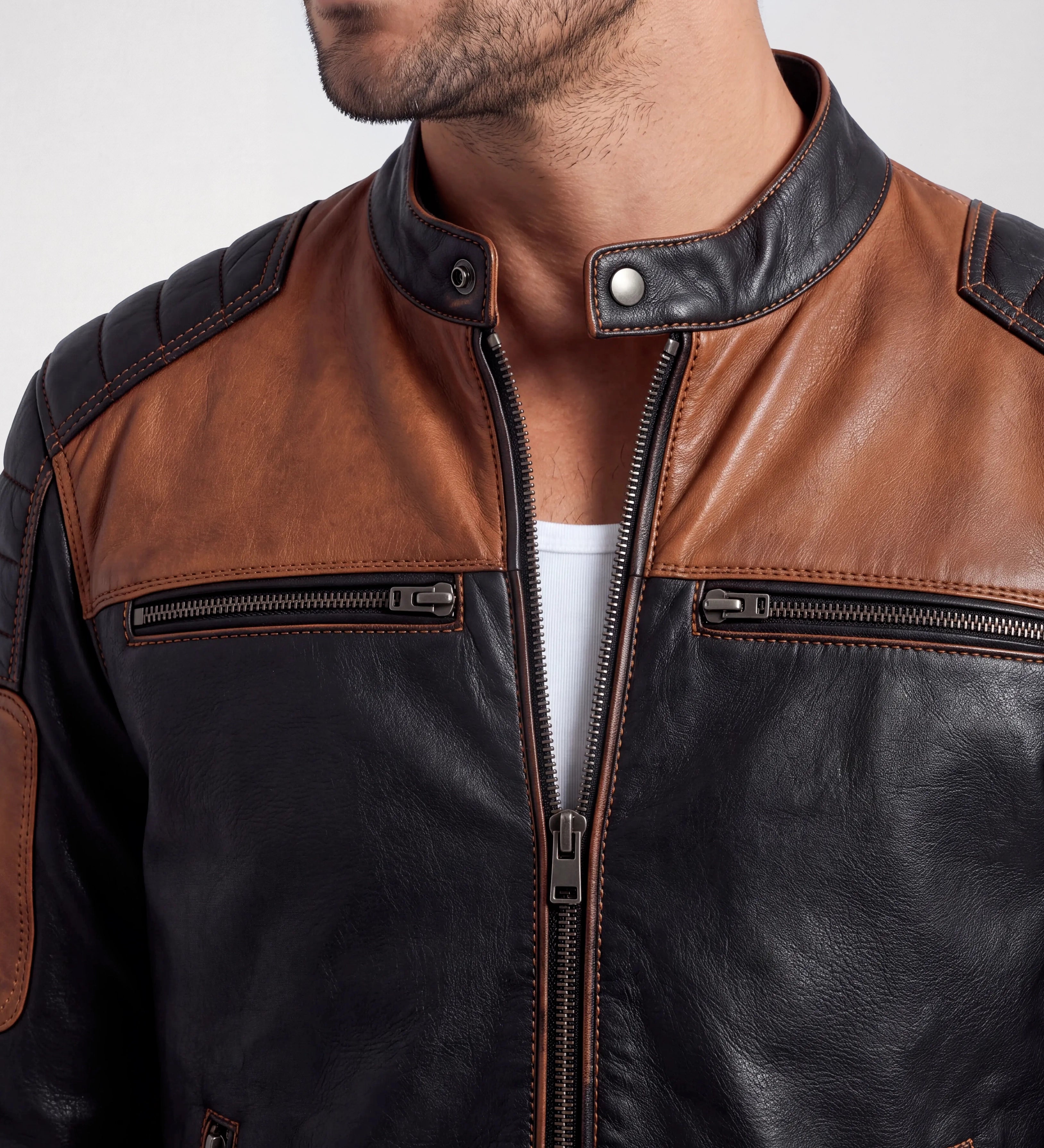 Men Black & Tan Brown Biker Leather Jacket