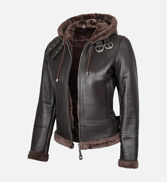 Women's Dark Brown Leather Hooded Shearling Jacket