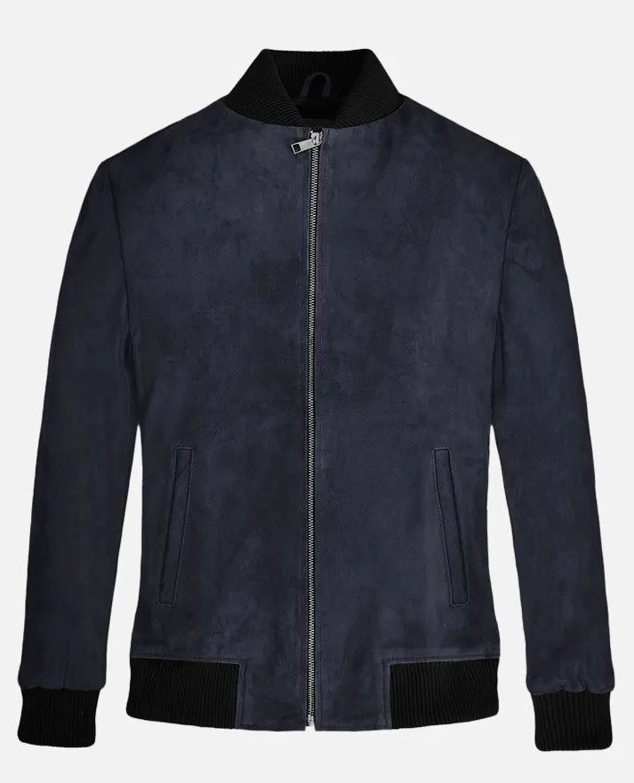 Men's Dark Blue Suede Bomber Jacket