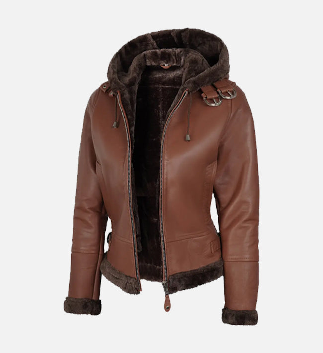 Women's Cognac Brown Leather Hooded Shearling Jacket