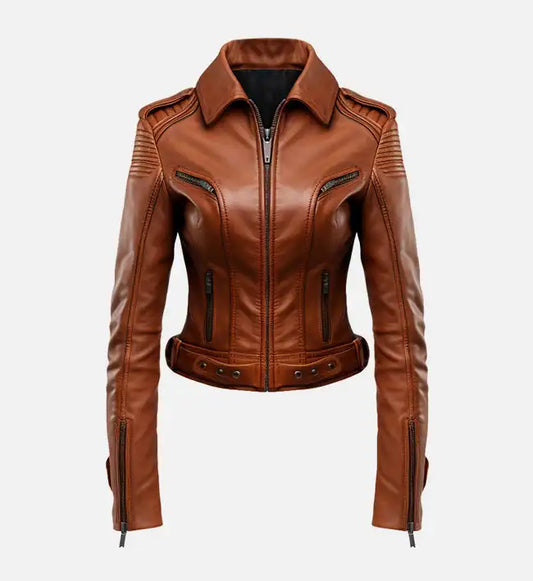 womens stylish brown leather jacket