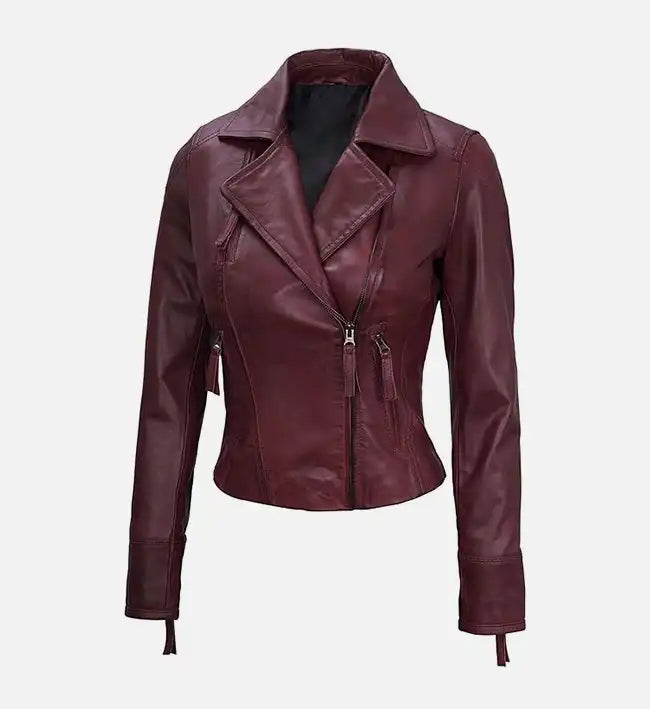 womens asymmetrical maroon biker leather jacket