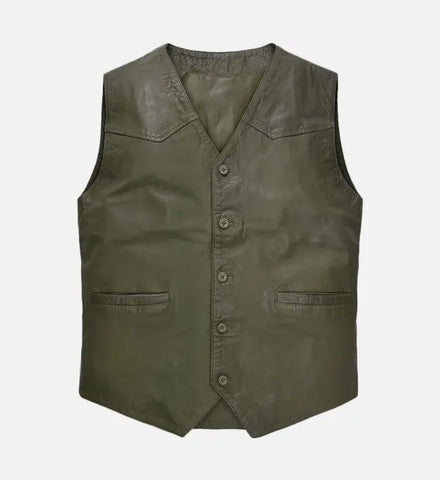 Men's Green Washed and Wax Leather Vest