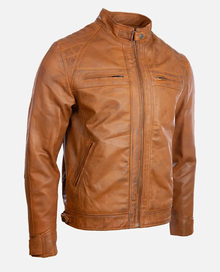 Men’s Quilted Shoulder Tan Cafe Racer Leather Jacket