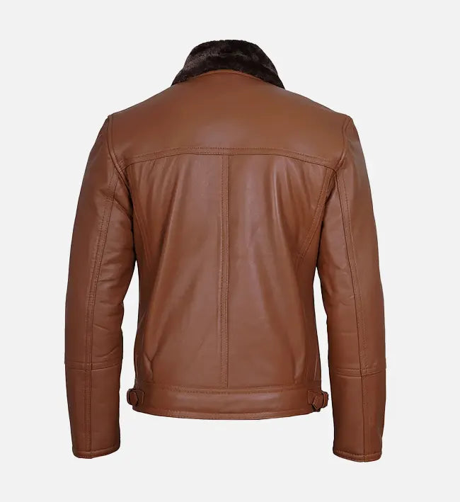 Men's Cognac Leather Shearling Moto Jacket