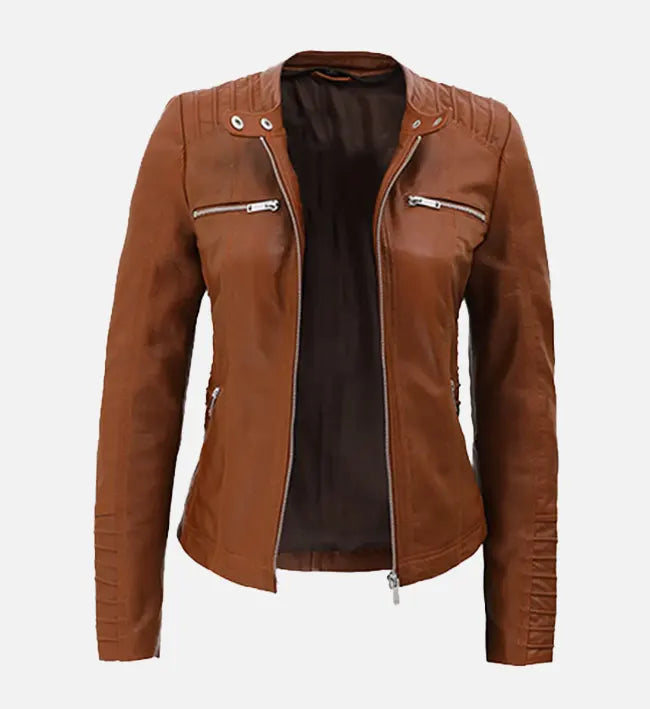 Women's Cognac Slim Fit Leather Jacket With Removable Hood