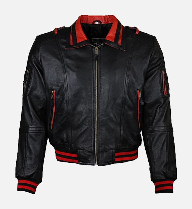 Women’s Black & Red Bomber Leather Jacket