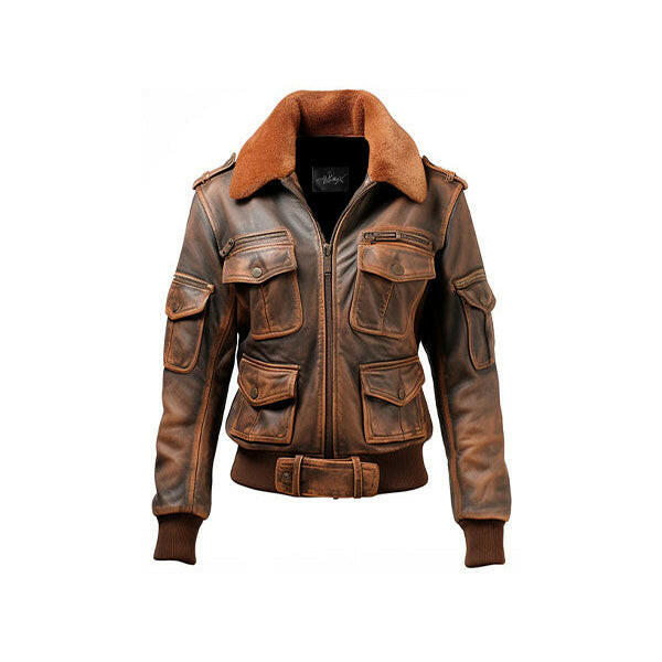 Women's Distressed Brown Bomber Leather Jacket