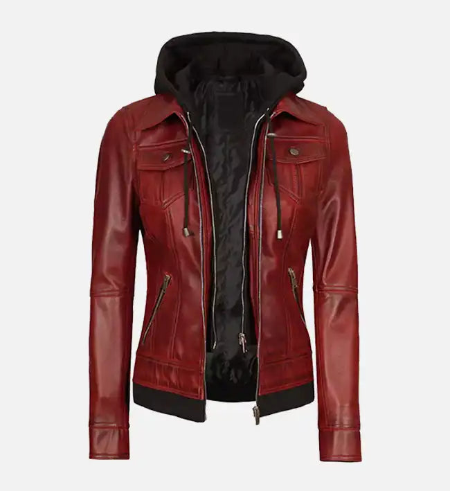 Women's Maroon Leather Jacket With Removable Hood