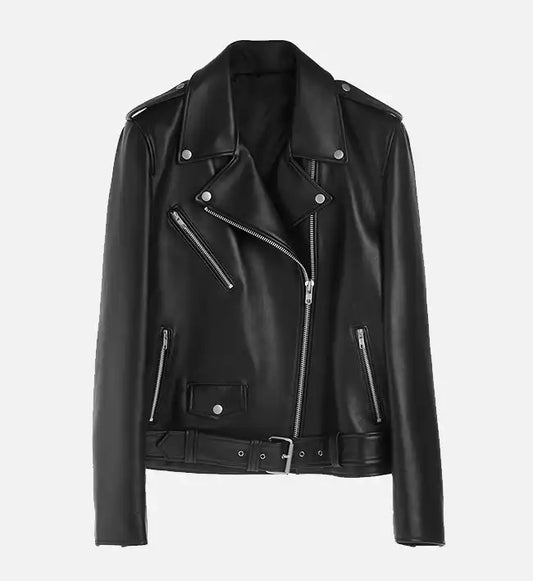 women classic belted black biker leather jacket
