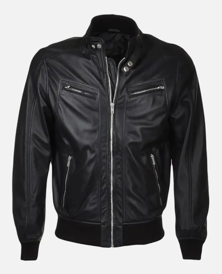 Men’s Snap Double Button Collar Black Leather Bomber Jacket