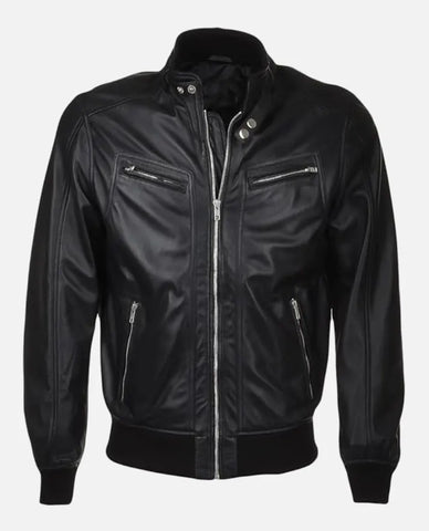 Men’s Snap Double Button Collar Black Leather Bomber Jacket