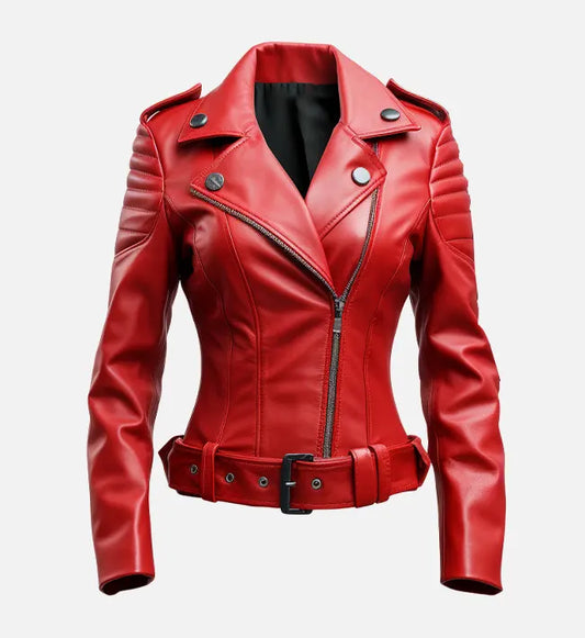 Women's Slimfit Red Biker Leather Jacket