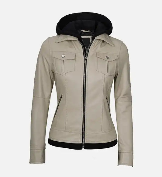 Women’s Beige Leather Jacket With Hood