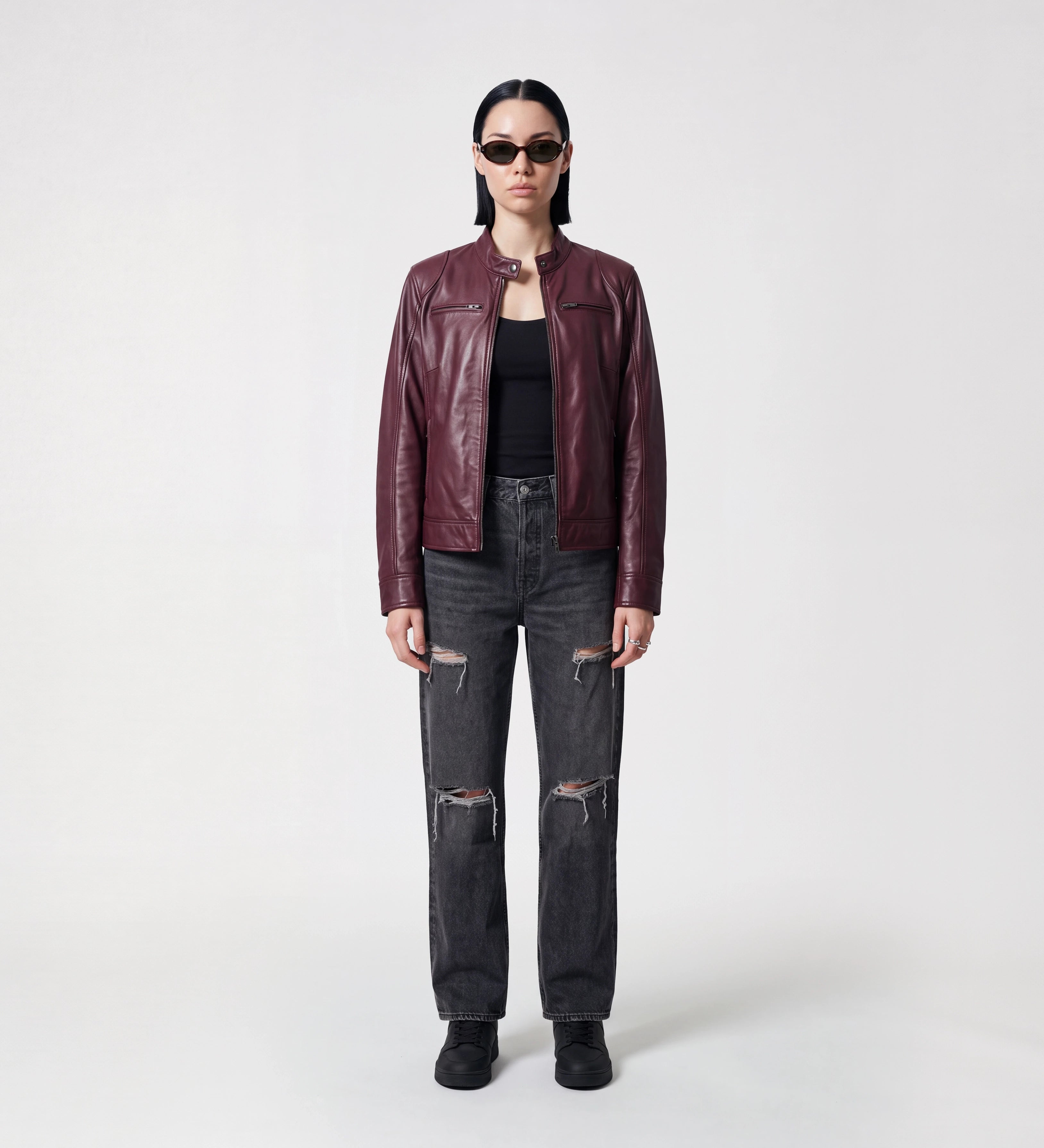 Women Maroon Leather Moto Jacket