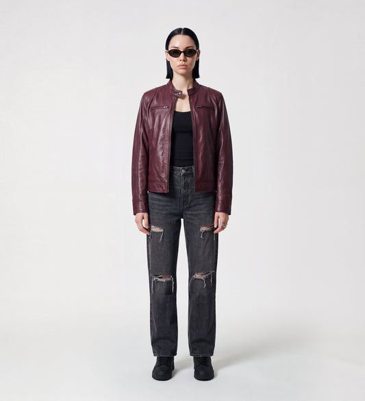 Women Maroon Leather Moto Jacket