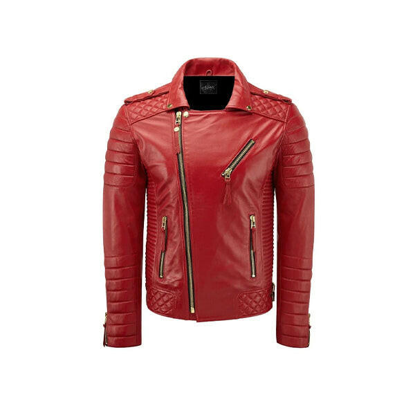 Men's Diamond Quilted Red Biker Leather Jacket