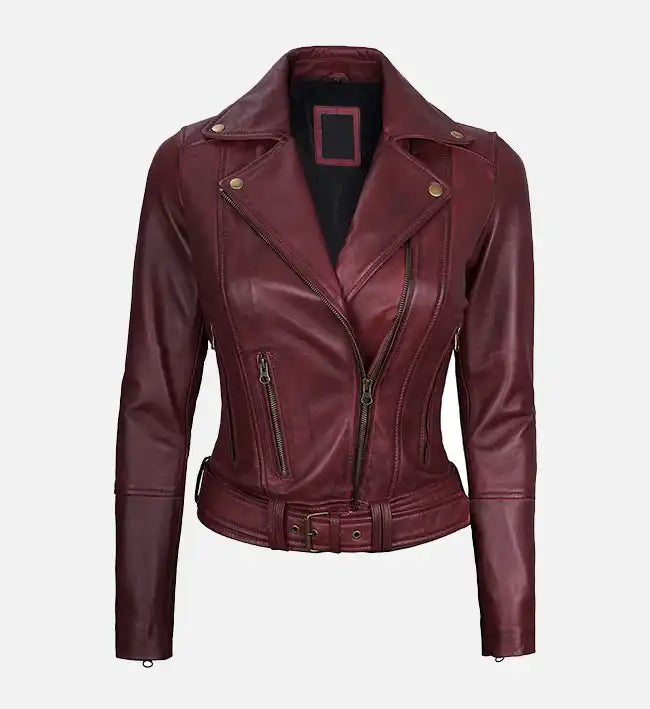 Women's Maroon Leather Asymmetrical Motorcycle Jacket