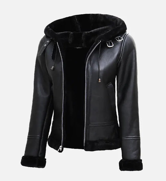 Women's Black Leather Hooded Shearling Jacket