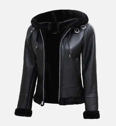 Women's Black Leather Hooded Shearling Jacket