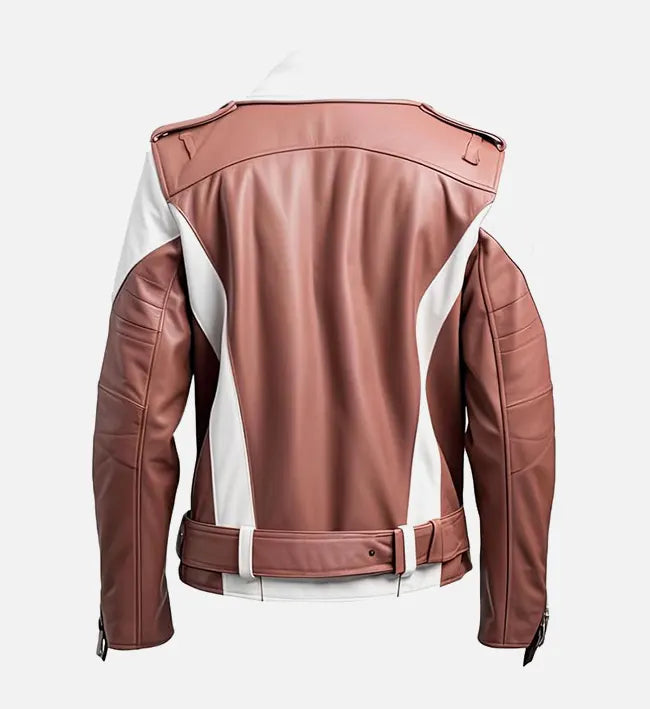 Men's Rosy Brown and White Biker Leather Jacket