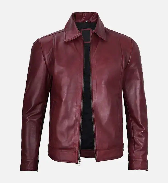 Men's Classic Shirt Collar Maroon Leather Jacket