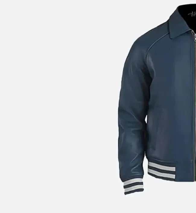 Men's Plain Blue Leather Varsity Jacket