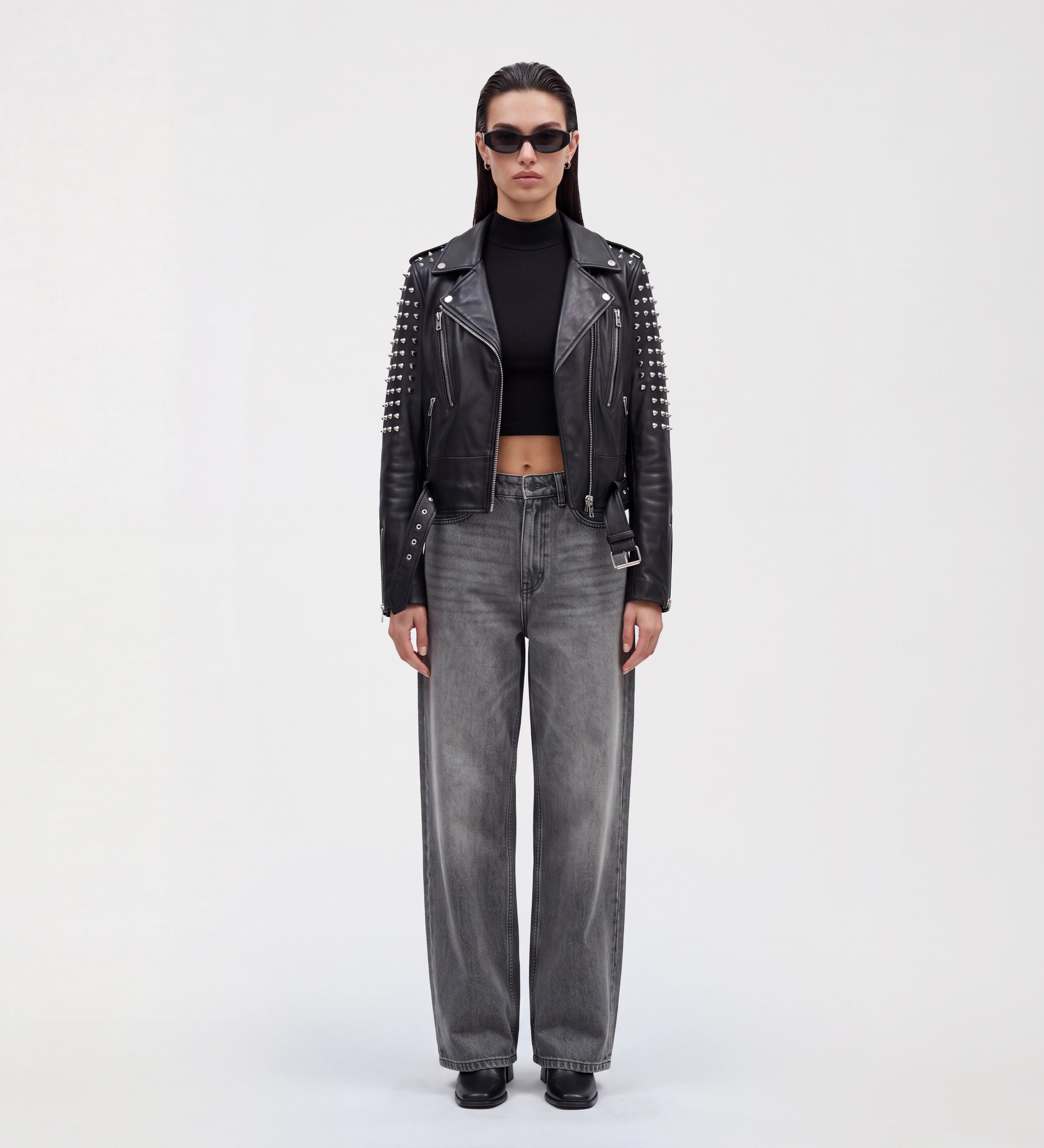 Women Stud Biker Black Leather Jacket