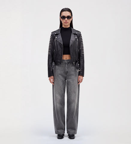Women Stud Biker Black Leather Jacket
