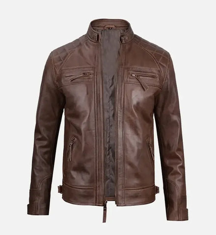 Men’s Quilted Shoulder Brown Cafe Racer Leather Jacket