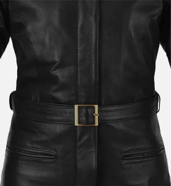 Women's Black Belted Leather Long Coat