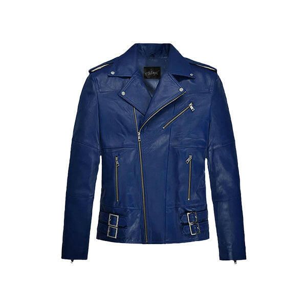 Men's Blue Leather Biker Jacket