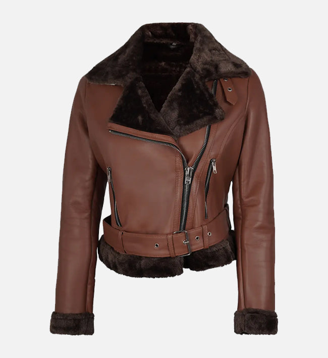 Women's Cognac Biker Shearling Leather Jacket