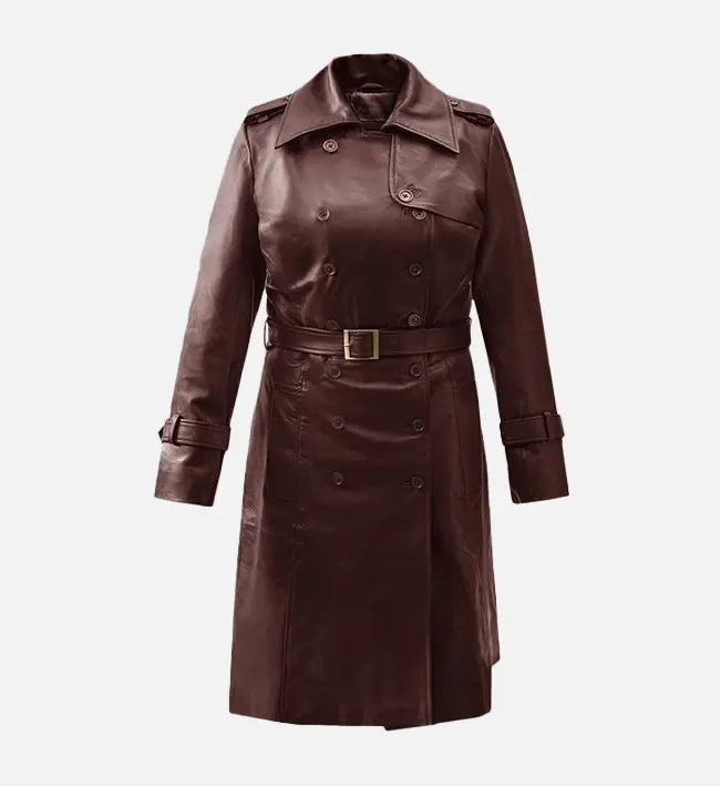 Women's Maroon Wax Leather Trench Coat