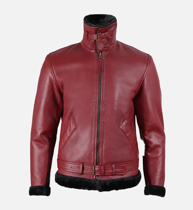 Men's Maroon Leather Shearling Bomber Jacket