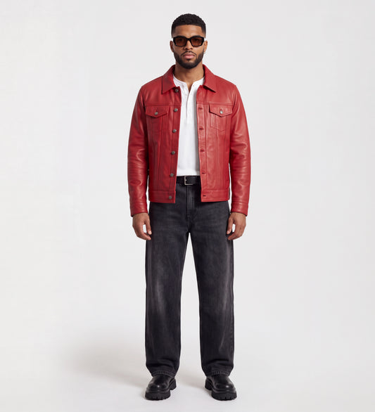 Mens Red Trucker Leather Jacket