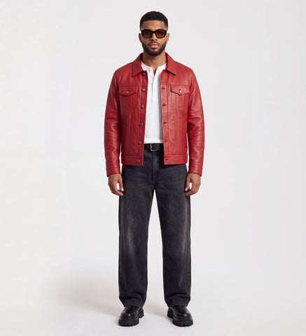 Mens Red Trucker Leather Jacket