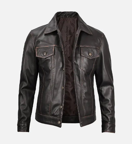 Men's Dark Brown Leather Trucker Jacket