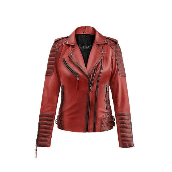 Women's Burnt Red Biker Leather Jacket