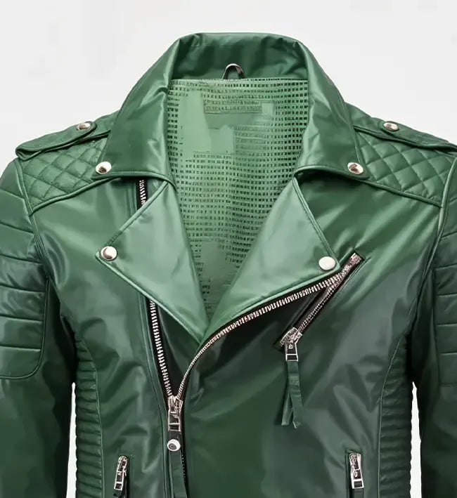 Men's Green Moto Biker Slim Fit Leather Jacket