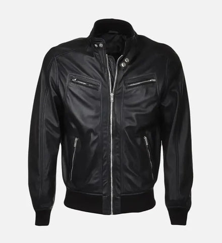 Men’s Snap Double Button Collar Black Leather Bomber Jacket