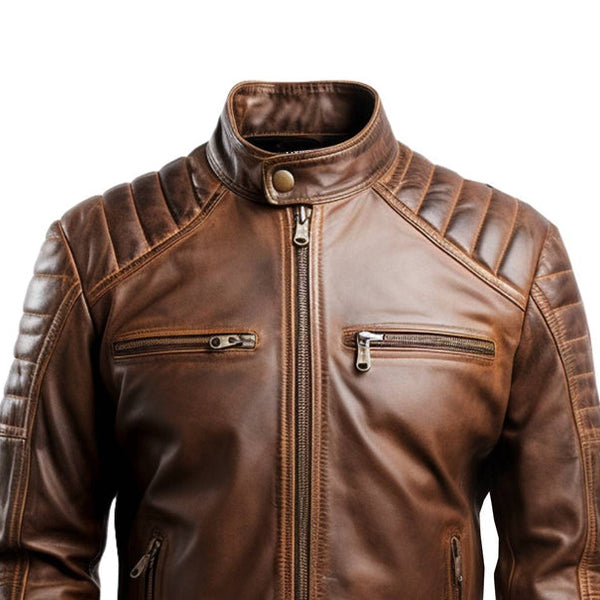 Men's Leo Distressed Brown Cafe Racer Leather Jacket