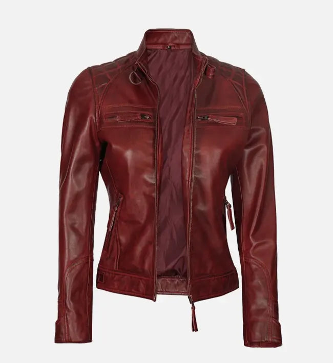 Women's Maroon Quilted Cafe Racer Leather Jacket