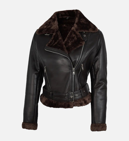 Women's Black and Brown Shearling Leather Jacket