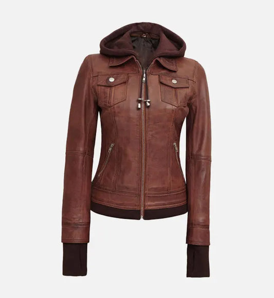 Women's Dark Brown Leather Jacket With Removable Hood